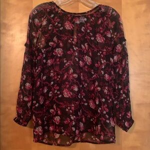 Old Navy Sheer Floral Blouse w/Open Off Shoulder Ruffled L/S Elastic Sleeves